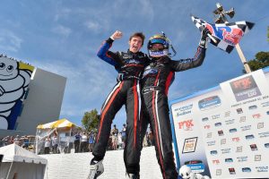 Priaulx and Austin Cindric celebrate their Michelin Pilot Challenge GS class victory at Road Atlanta