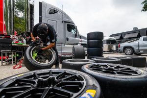 Forgeline GS1R wheels and Michelin racing slicks being prepped for IMSA Michelin Pilot Challenge racing at Road America